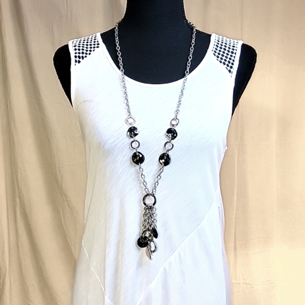 ✨️UPDATED✨Stein Mart Long Silver Plated Rope Black Metal Y Tassel Necklace 40.5"